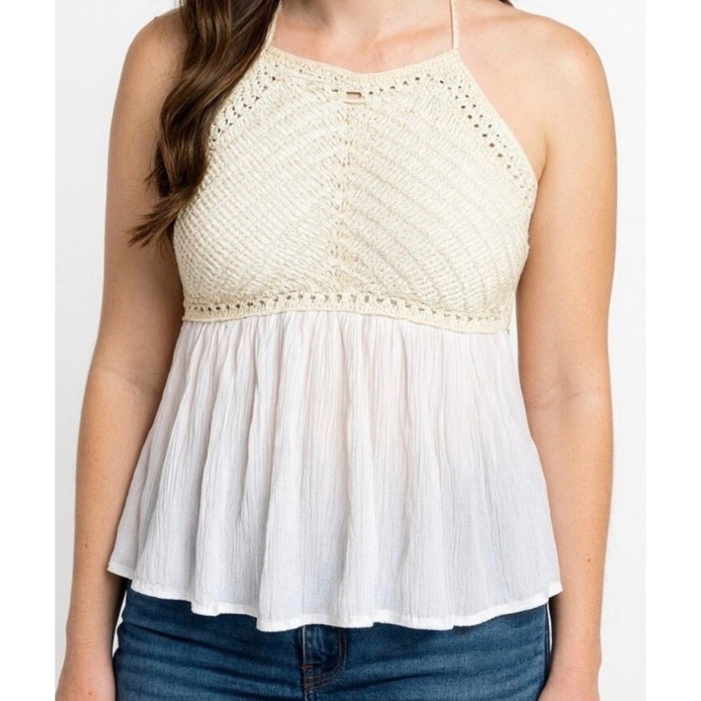 ONeill Womens Crochet Halter Top Cream White Boho Peplum Smocked XS